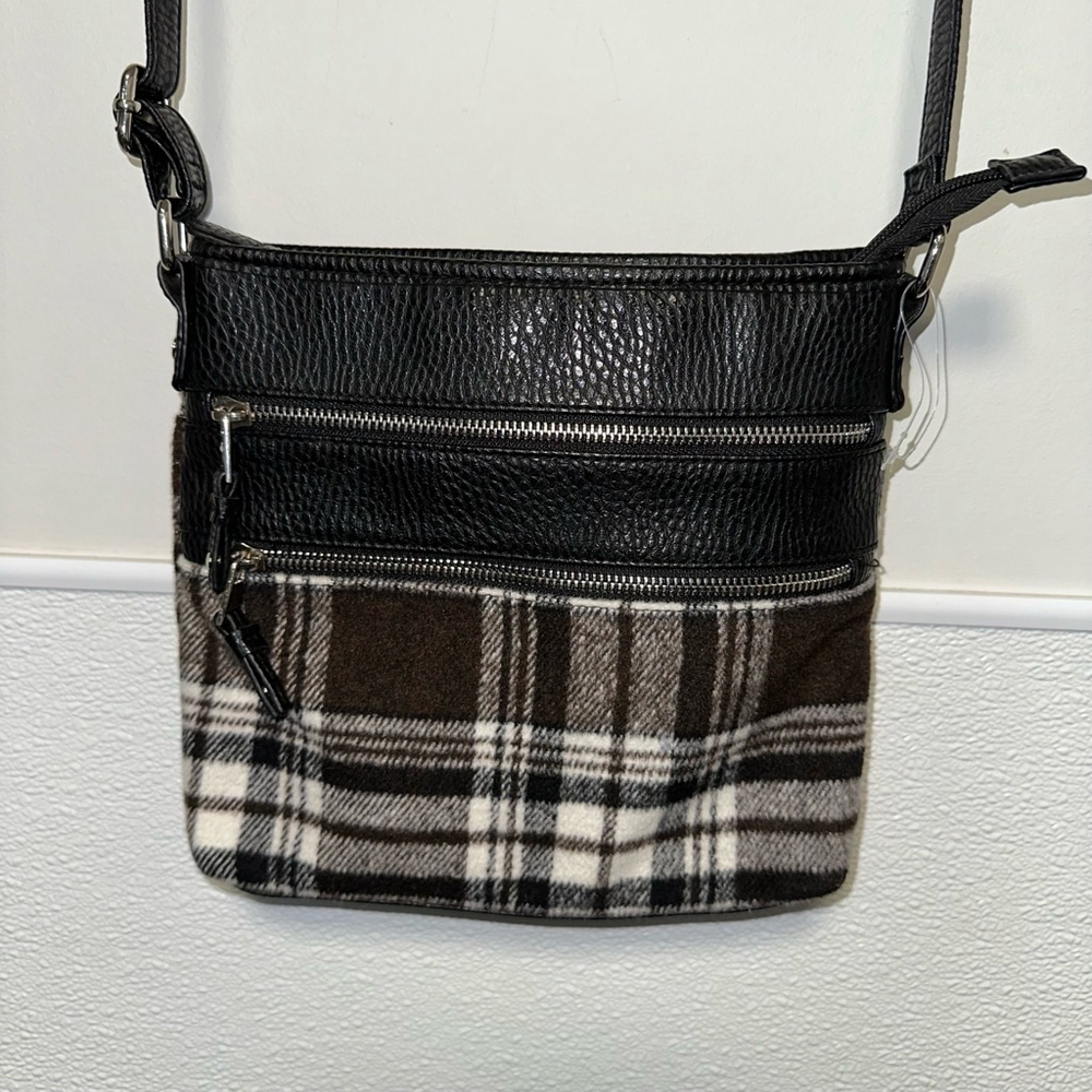 Black,White,Brown plaid crossbody bag with a zipper pocket inside zipper pocket